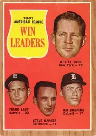 1962 Topps #57 - Steve Barber & Jim Bunning & Ed "Whitey" Ford & Frank Lary - Baltimore Orioles, Detroit Tigers, New York Yankees 1962 Topps #57 - Steve Barber & Jim Bunning & Ed "Whitey" Ford & Frank Lary - Baltimore Orioles, Detroit Tigers, New York Yankees