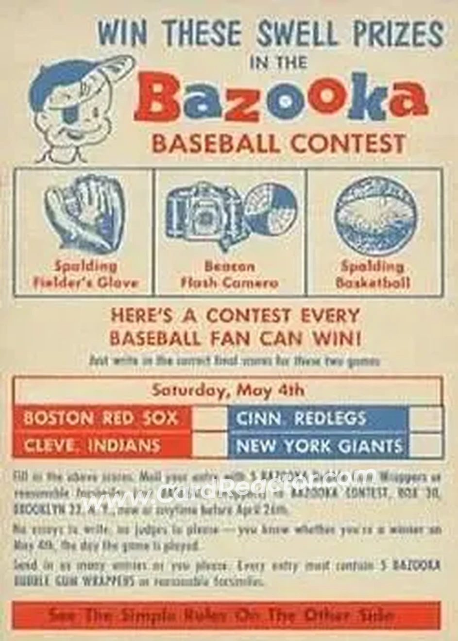 1957 Topps #1 Single Inserts Contest May 4 Boston Red Sox - Cincinnati Redlegs - Cleveland Indians - New York Giants