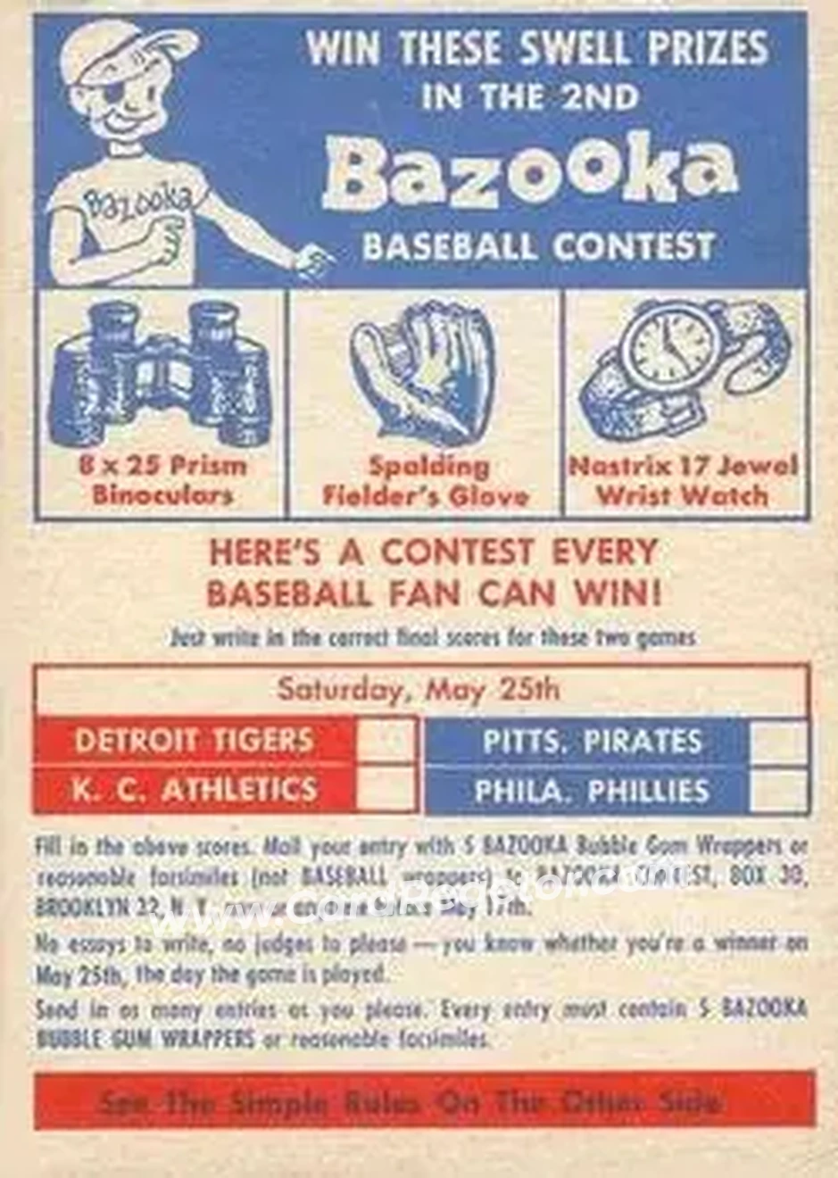 1957 Topps #2 Single Inserts Contest May 25 Detroit Tigers - Kansas City Athletics - Pittsburgh Pirates - Philadelphia Phillies