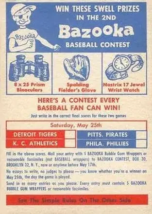 1957 Topps #2 Single Inserts Contest May 25 Detroit Tigers - Kansas City Athletics - Pittsburgh Pirates - Philadelphia Phillies