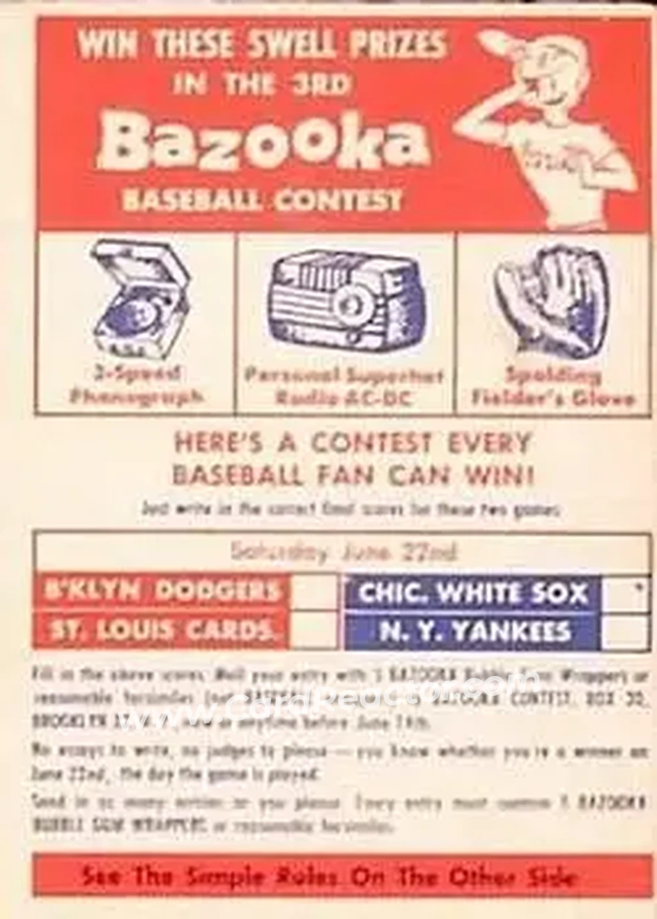1957 Topps #3 Single Inserts Contest June 22 Brooklyn Dodgers - St. Louis Cardinals - Chicago White Sox - New York Yankees