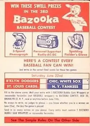 1957 Topps #3 Single Inserts Contest June 22 Brooklyn Dodgers - St. Louis Cardinals - Chicago White Sox - New York Yankees