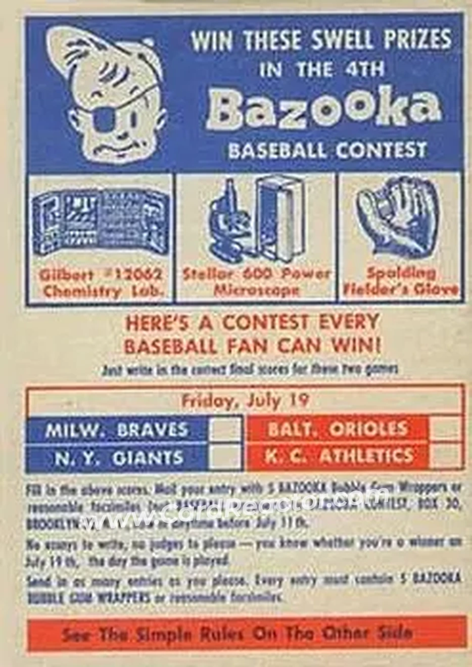 1957 Topps #4 Single Inserts Contest July 19 Milwaukee Braves - New York Giants - Baltimore Orioles - Kansas City Athletics