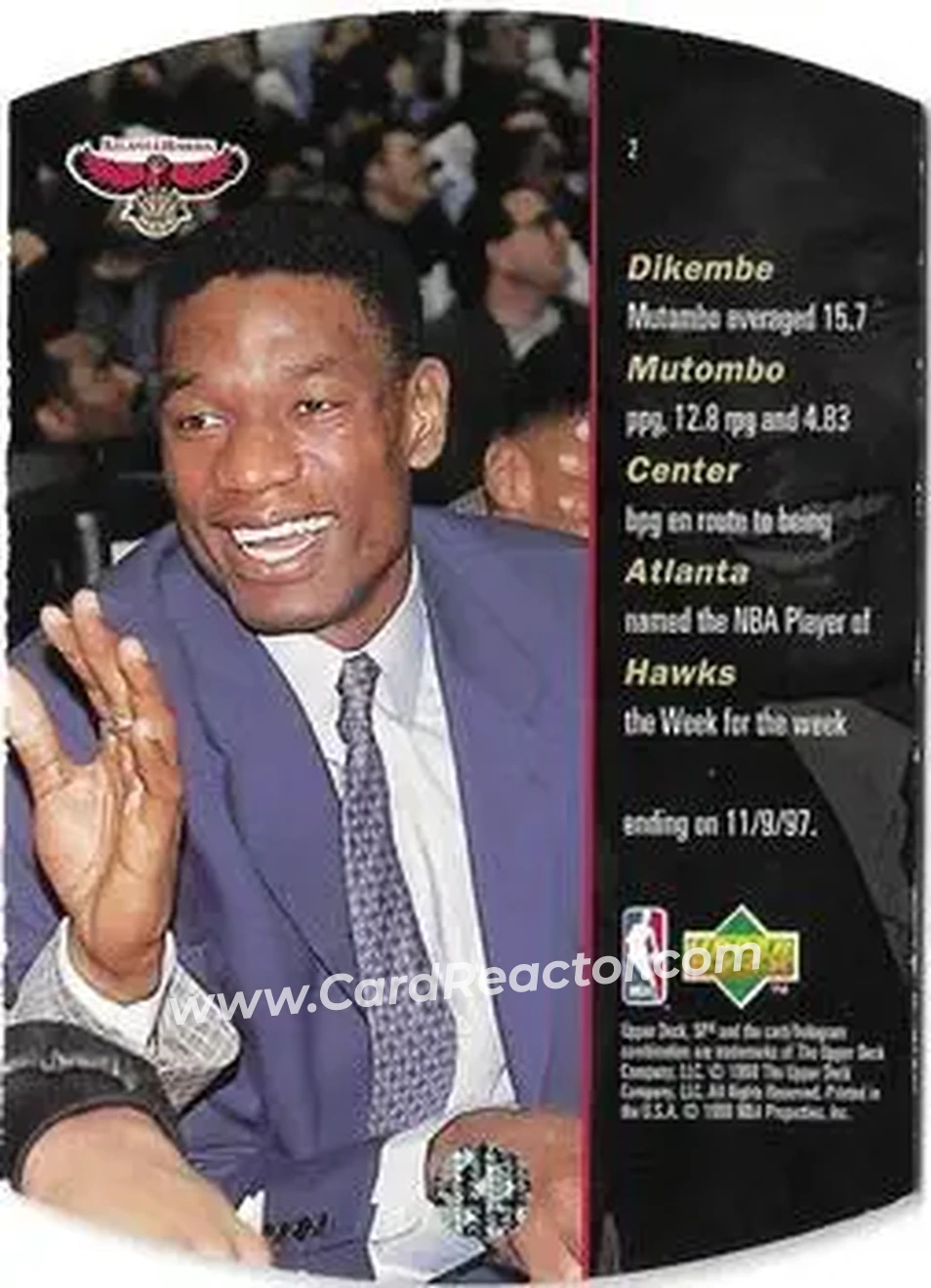 1997-98 SPx Basketball - Gold #2 - Dikembe Mutombo - Atlanta Hawks - Back 1997-98 SPx Basketball - Gold #2 - Dikembe Mutombo - Atlanta Hawks - Back