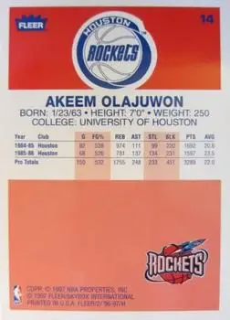 1996-97 Fleer - Decade of Excellence #14 - Hakeem Olajuwon - Houston Rockets - Back 1996-97 Fleer - Decade of Excellence #14 - Hakeem Olajuwon - Houston Rockets - Back