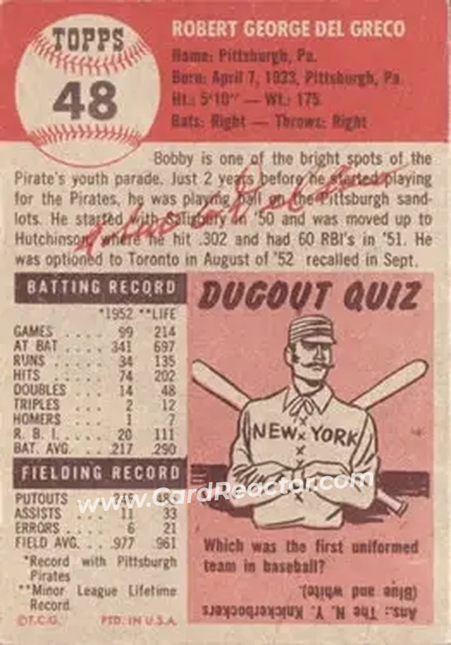 Back of Bobby Del Greco
