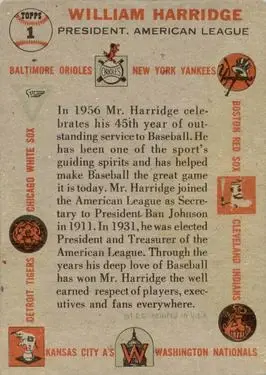 1956 Topps #1 - Will Harridge - Back