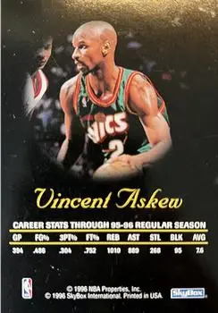 1996-97 SkyBox Premium - Autographics Blue Ink #NNO - Vincent Askew - Seattle SuperSonics - Back