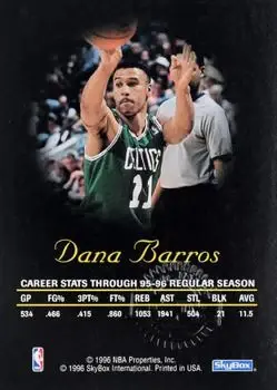 1996-97 SkyBox Premium - Autographics Blue Ink #NNO - Dana Barros - Boston Celtics - Back