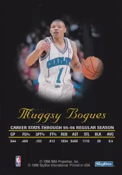 1996-97 SkyBox Premium - Autographics Blue Ink #NNO - Muggsy Bogues - Charlotte Hornets - Back