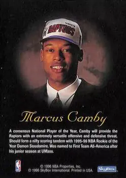 1996-97 SkyBox Premium - Autographics Blue Ink #NNO - Marcus Camby - Toronto Raptors - Back