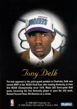 1996-97 SkyBox Premium - Autographics Blue Ink #NNO - Tony Delk - Charlotte Hornets - Back