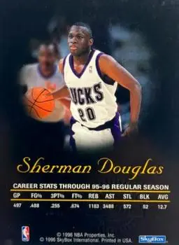 1996-97 SkyBox Premium - Autographics Blue Ink #NNO - Sherman Douglas - Milwaukee Bucks - Back