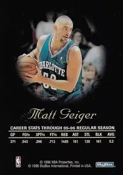1996-97 SkyBox Premium - Autographics Blue Ink #NNO - Matt Geiger - Charlotte Hornets - Back