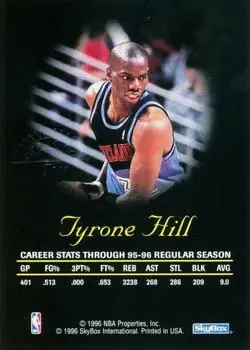 1996-97 SkyBox Premium - Autographics Blue Ink #NNO - Tyrone Hill - Cleveland Cavaliers - Back