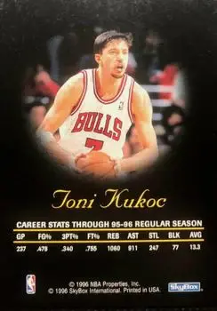 1996-97 SkyBox Premium - Autographics Blue Ink #NNO - Toni Kukoc - Chicago Bulls - Back