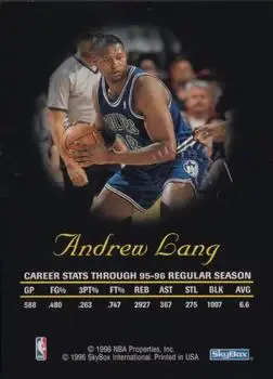 1996-97 SkyBox Premium - Autographics Blue Ink #NNO - Andrew Lang - Minnesota Timberwolves - Back 1996-97 SkyBox Premium - Autographics Blue Ink #NNO - Andrew Lang - Minnesota Timberwolves - Back