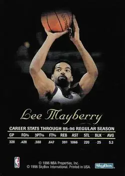 1996-97 SkyBox Premium - Autographics Blue Ink #NNO - Lee Mayberry - Milwaukee Bucks - Back 1996-97 SkyBox Premium - Autographics Blue Ink #NNO - Lee Mayberry - Milwaukee Bucks - Back