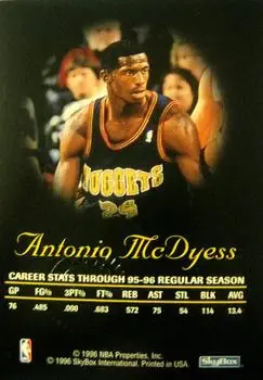 1996-97 SkyBox Premium - Autographics Blue Ink #NNO - Antonio McDyess - Denver Nuggets - Back 1996-97 SkyBox Premium - Autographics Blue Ink #NNO - Antonio McDyess - Denver Nuggets - Back