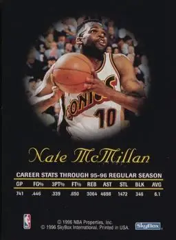 1996-97 SkyBox Premium - Autographics Blue Ink #NNO - Nate McMillan - Seattle SuperSonics - Back