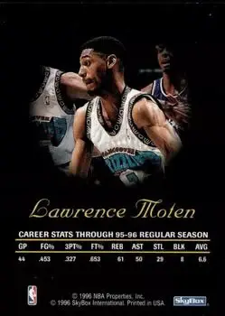 1996-97 SkyBox Premium - Autographics Blue Ink #NNO - Lawrence Moten - Vancouver Grizzlies - Back 1996-97 SkyBox Premium - Autographics Blue Ink #NNO - Lawrence Moten - Vancouver Grizzlies - Back