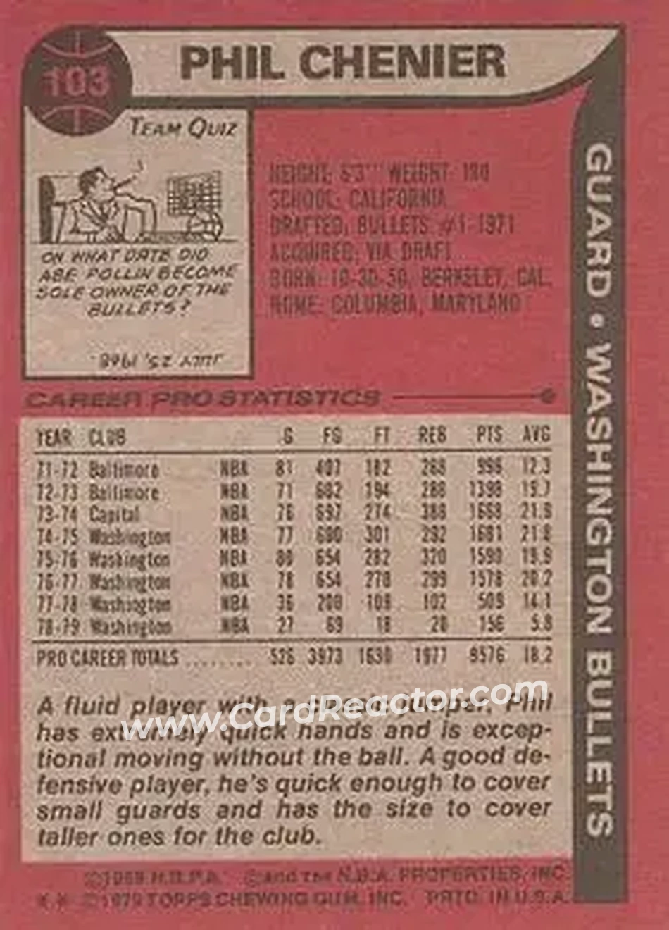 1979-80 Topps #103 - Phil Chenier - Washington Bullets - Back
