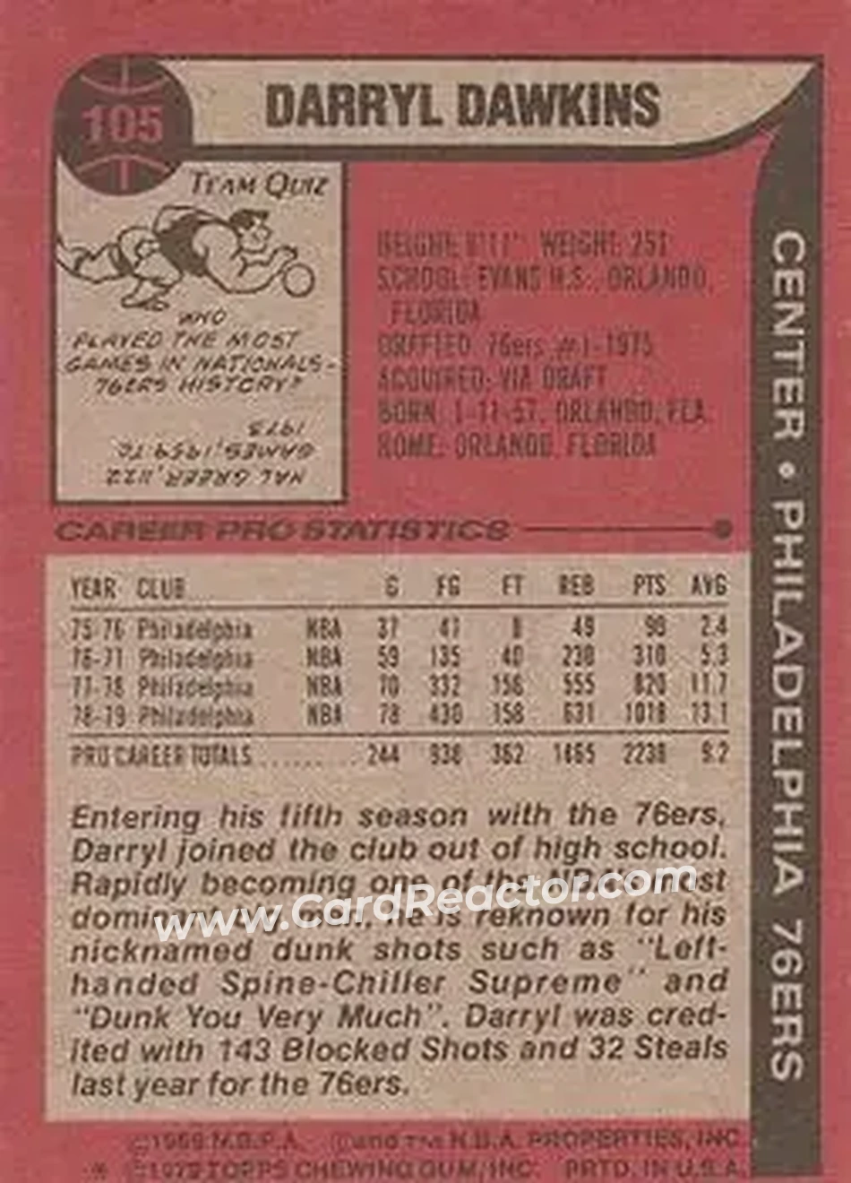 1979-80 Topps #105 - Darryl Dawkins - Philadelphia 76ers - Back