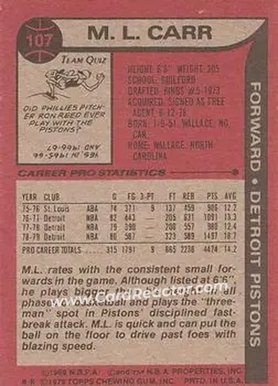 1979-80 Topps #107 - M.L. Carr - Detroit Pistons - Back