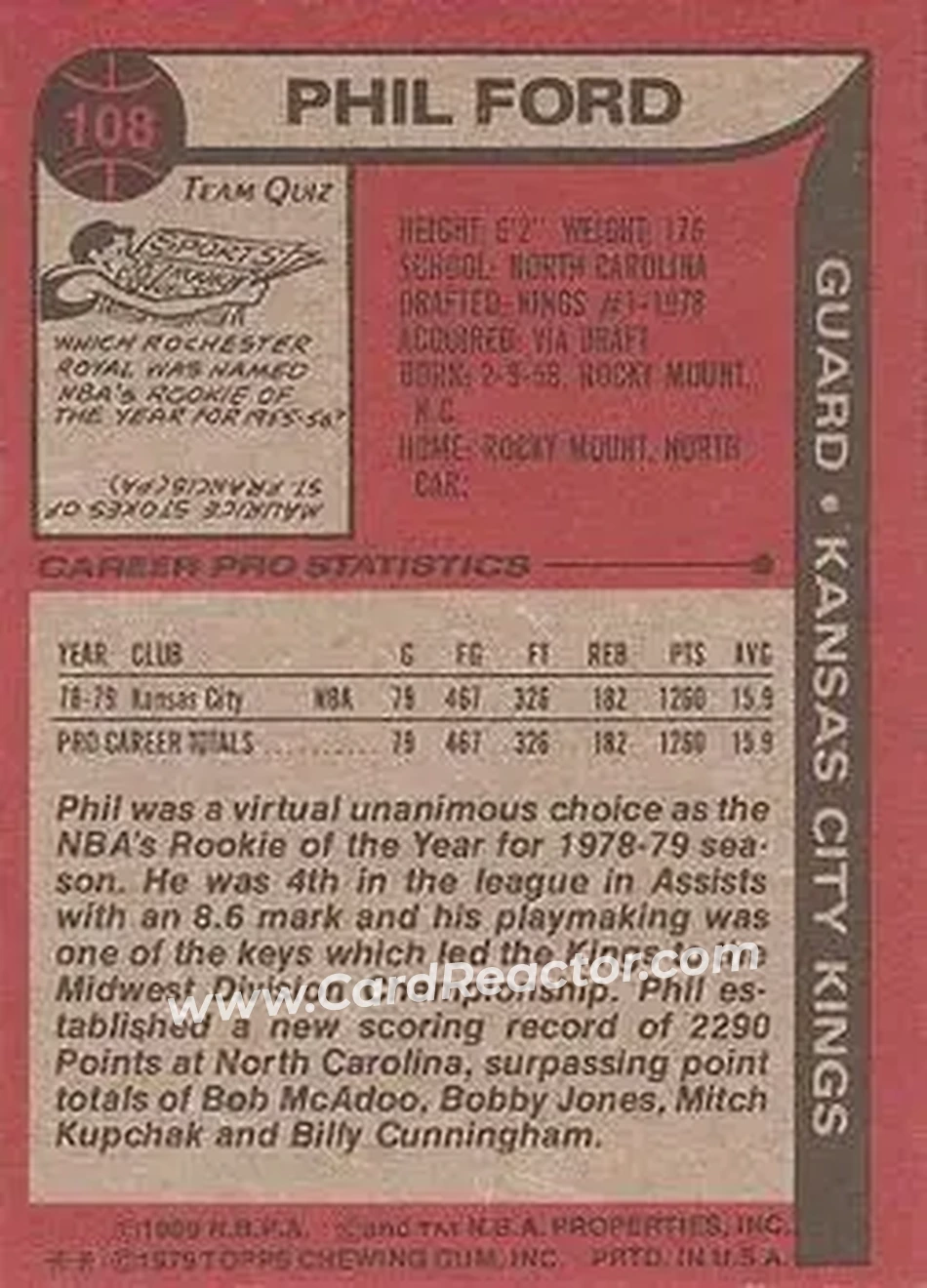 1979-80 Topps #108 - Phil Ford - Kansas City Kings - Back