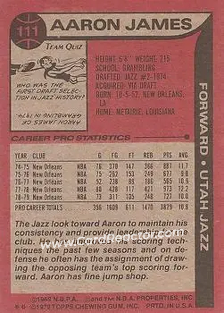 1979-80 Topps #111 - Aaron James - Utah Jazz - Back
