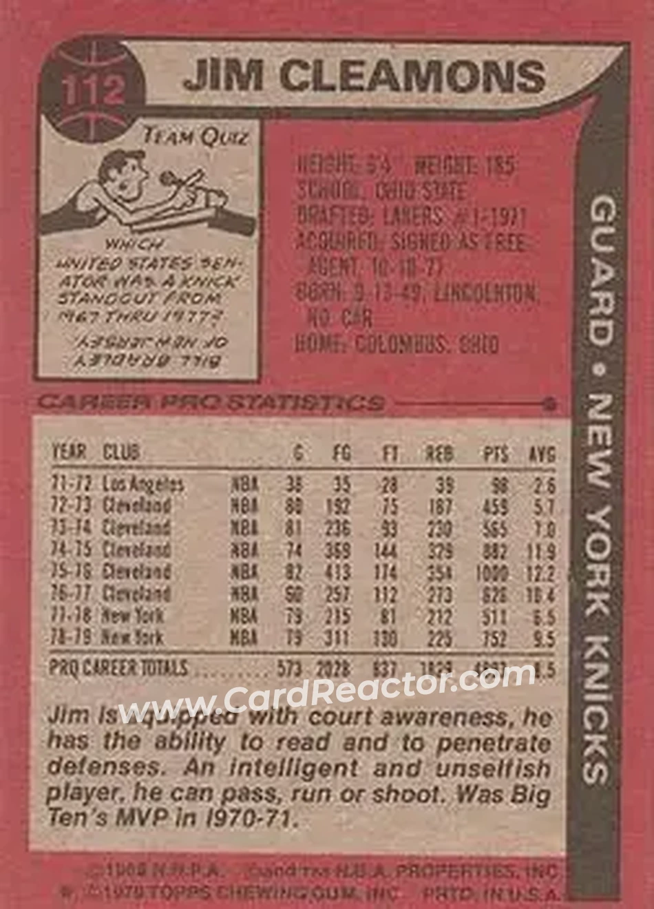 1979-80 Topps #112 - Jim Cleamons - New York Knicks - Back 1979-80 Topps #112 - Jim Cleamons - New York Knicks - Back