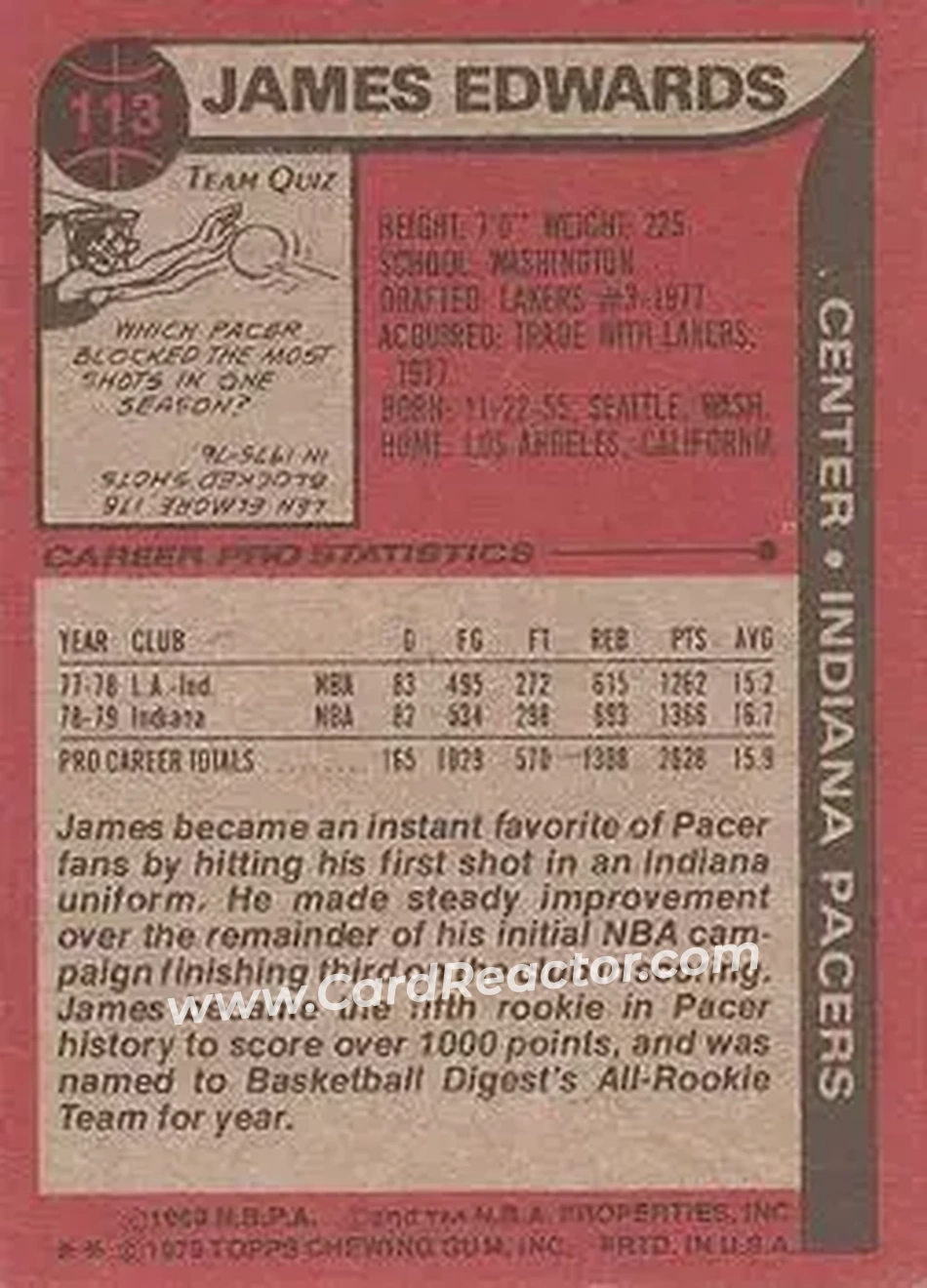 1979-80 Topps #113 - James Edwards - Indiana Pacers - Back