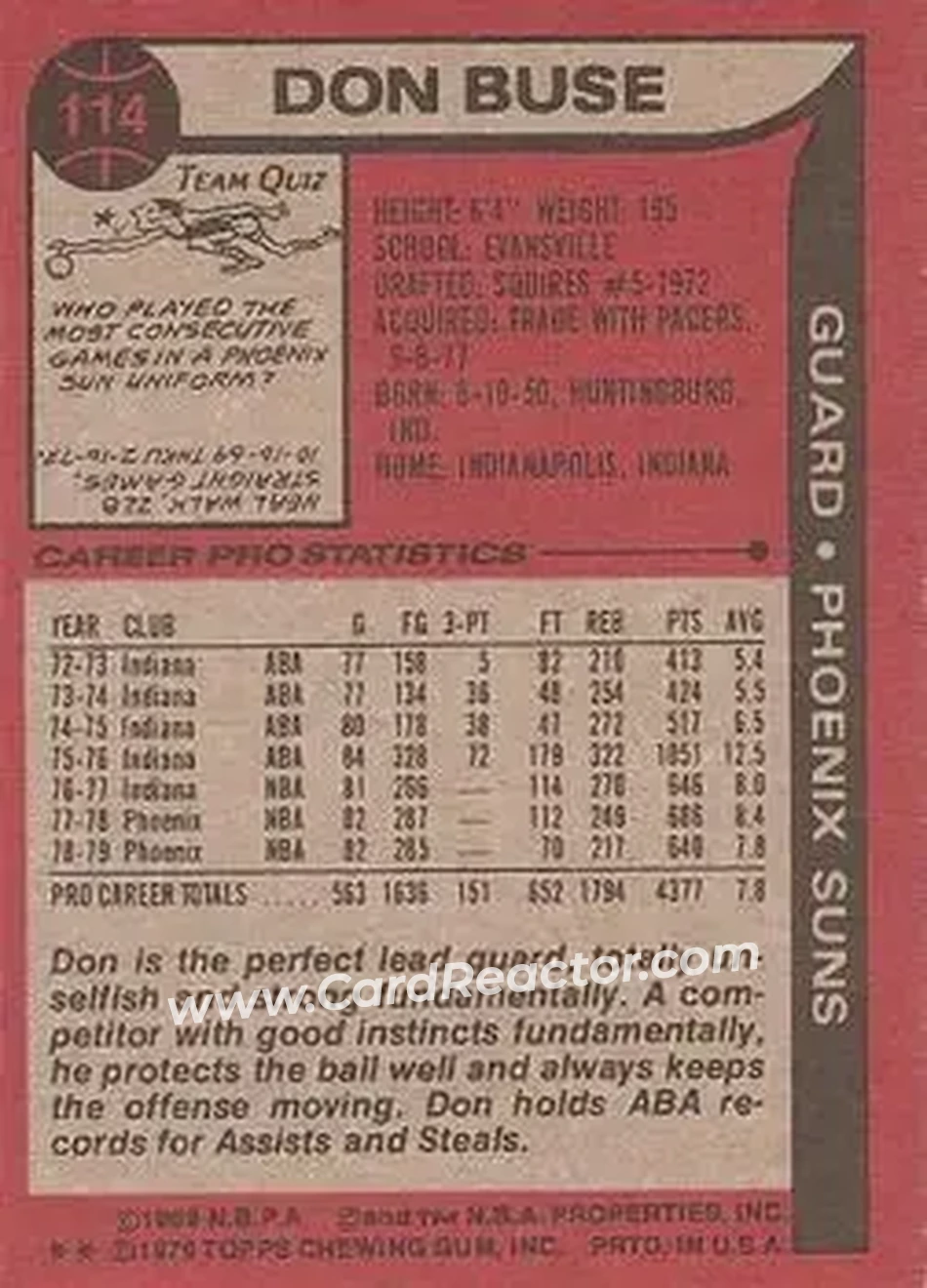 1979-80 Topps #114 - Don Buse - Phoenix Suns - Back 1979-80 Topps #114 - Don Buse - Phoenix Suns - Back