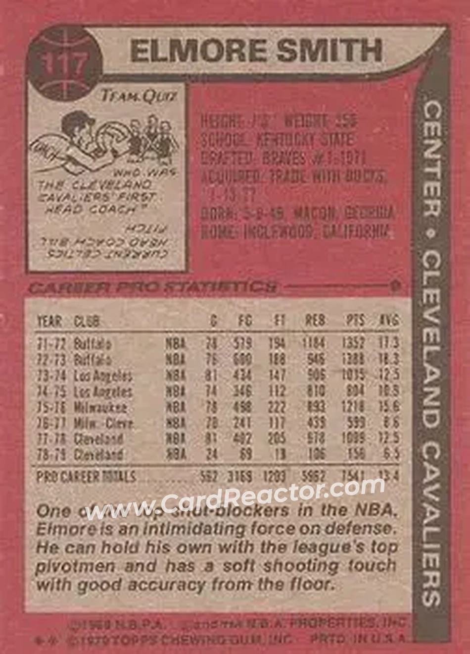 1979-80 Topps #117 - Elmore Smith - Cleveland Cavaliers - Back