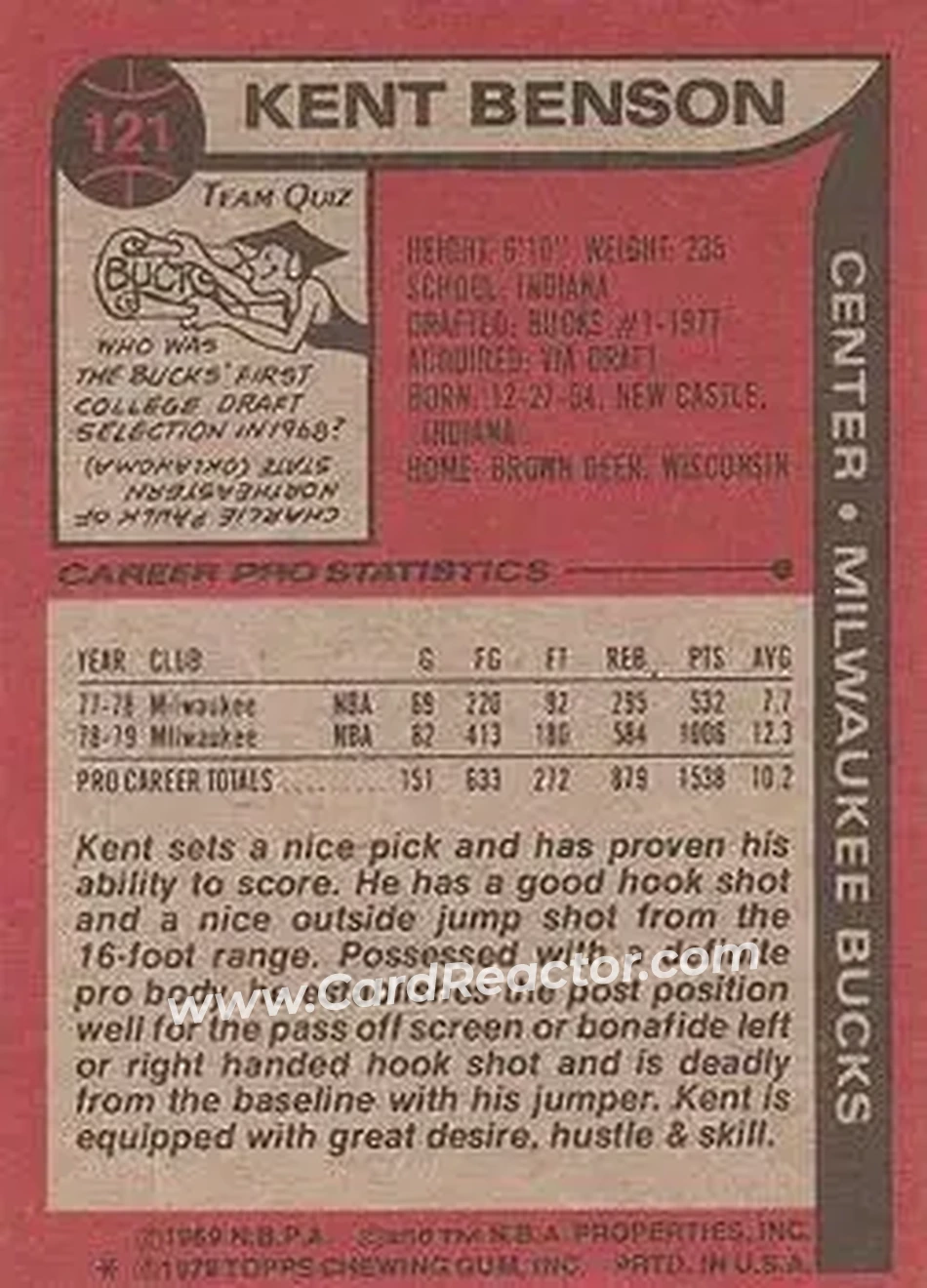 1979-80 Topps #121 - Kent Benson - Milwaukee Bucks - Back