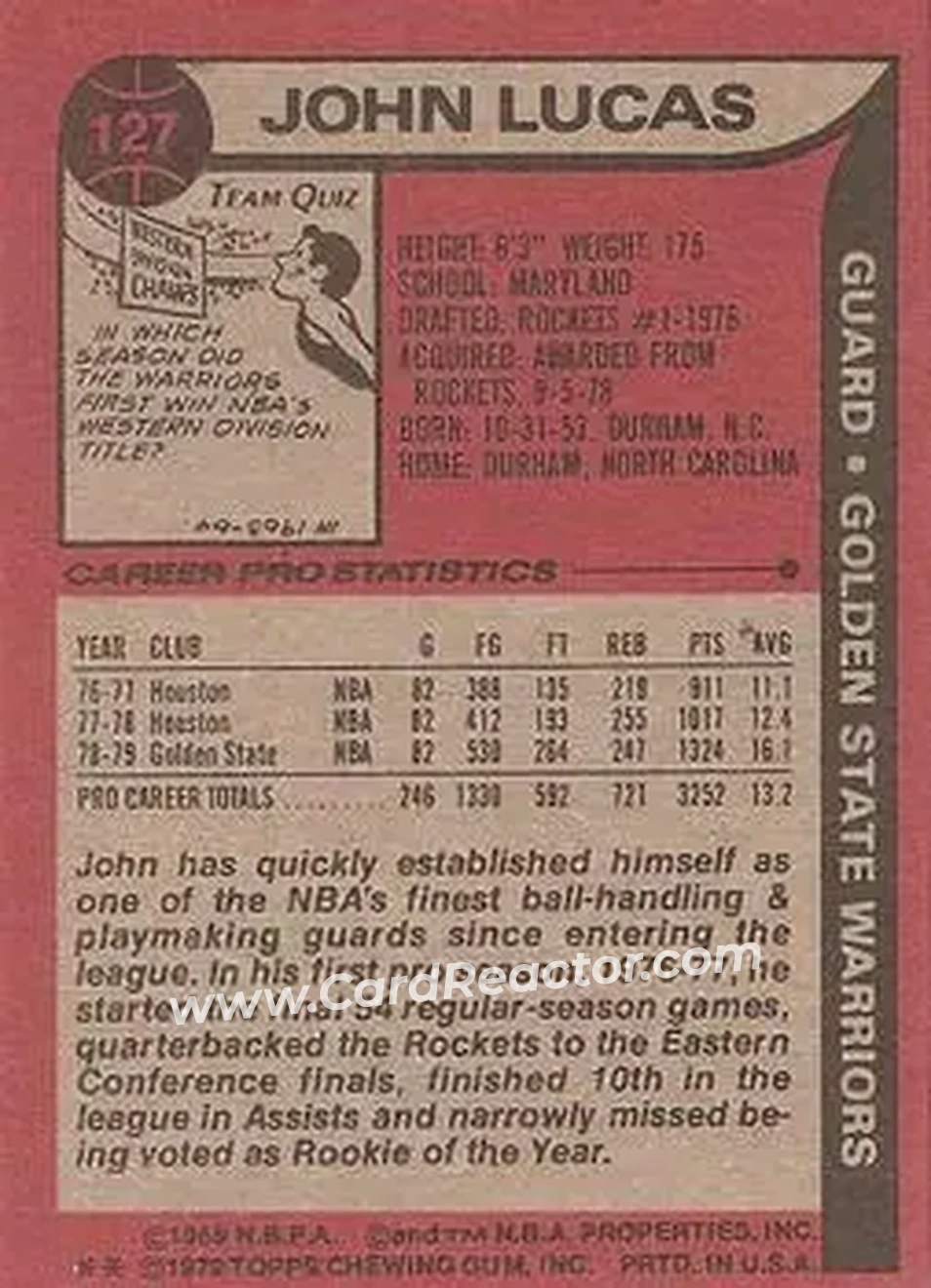1979-80 Topps #127 - John Lucas - Golden State Warriors - Back