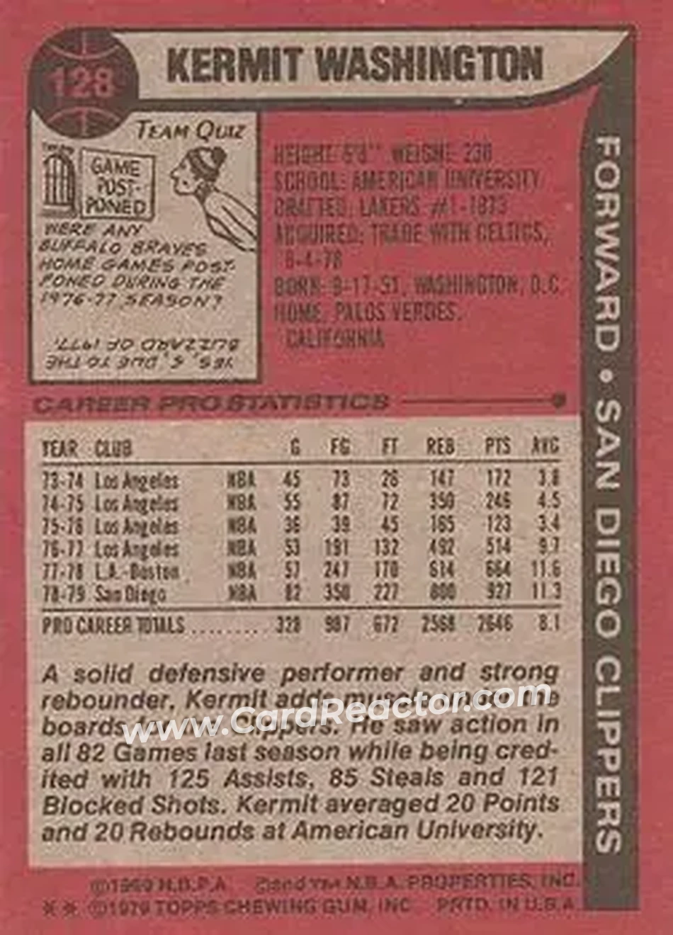 1979-80 Topps #128 - Kermit Washington - San Diego Clippers - Back
