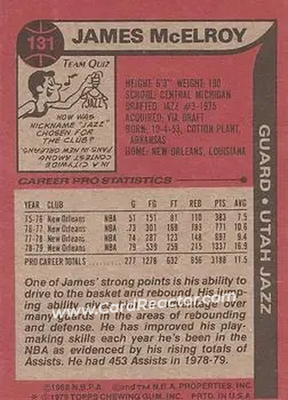 1979-80 Topps #131 - James McElroy - Utah Jazz - Back