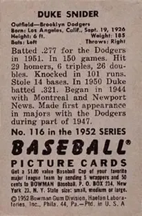 Back of Edwin "Duke" Snider