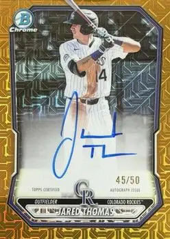 2026 Bowman #BMA-JTH Chrome Autographs Mojo Gold Refractors Jared Thomas