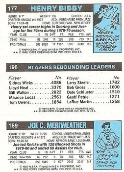 1980-81 Topps #169 / 177 / 196 - Henry Bibby - Back