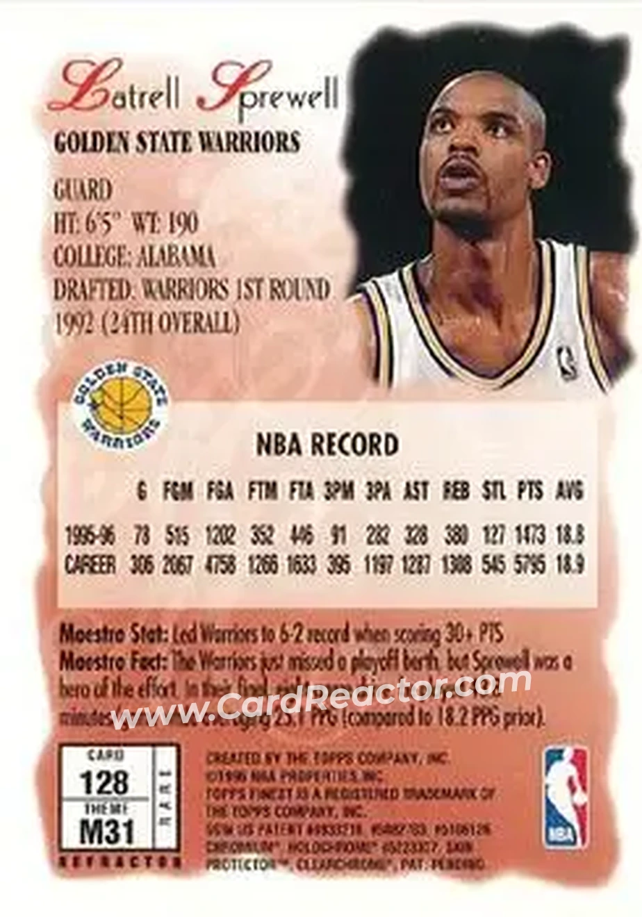 1996-97 Finest - Refractors #128 - Latrell Sprewell - Golden State Warriors