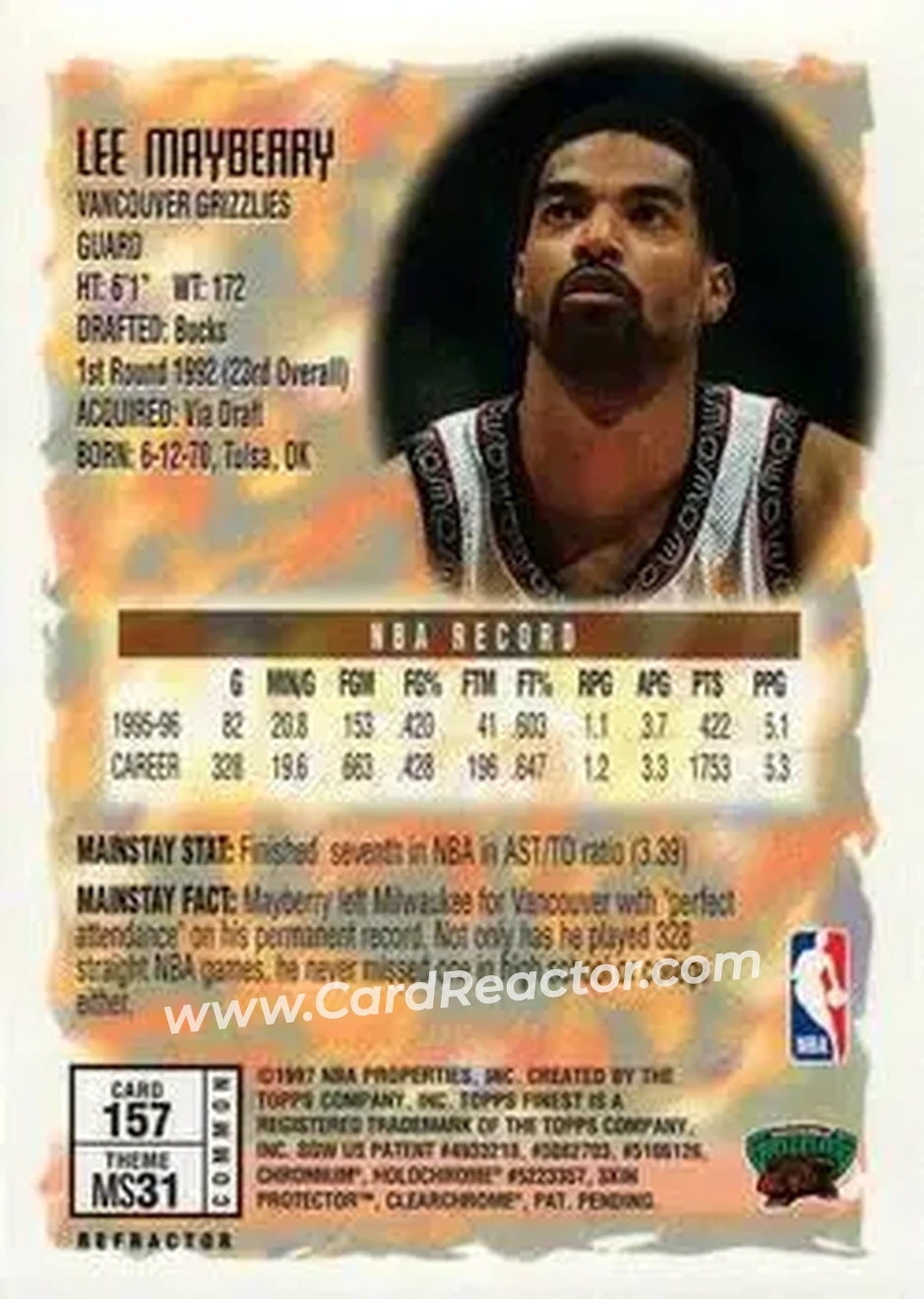 1996-97 Finest - Refractors #157 - Lee Mayberry - Vancouver Grizzlies 1996-97 Finest - Refractors #157 - Lee Mayberry - Vancouver Grizzlies