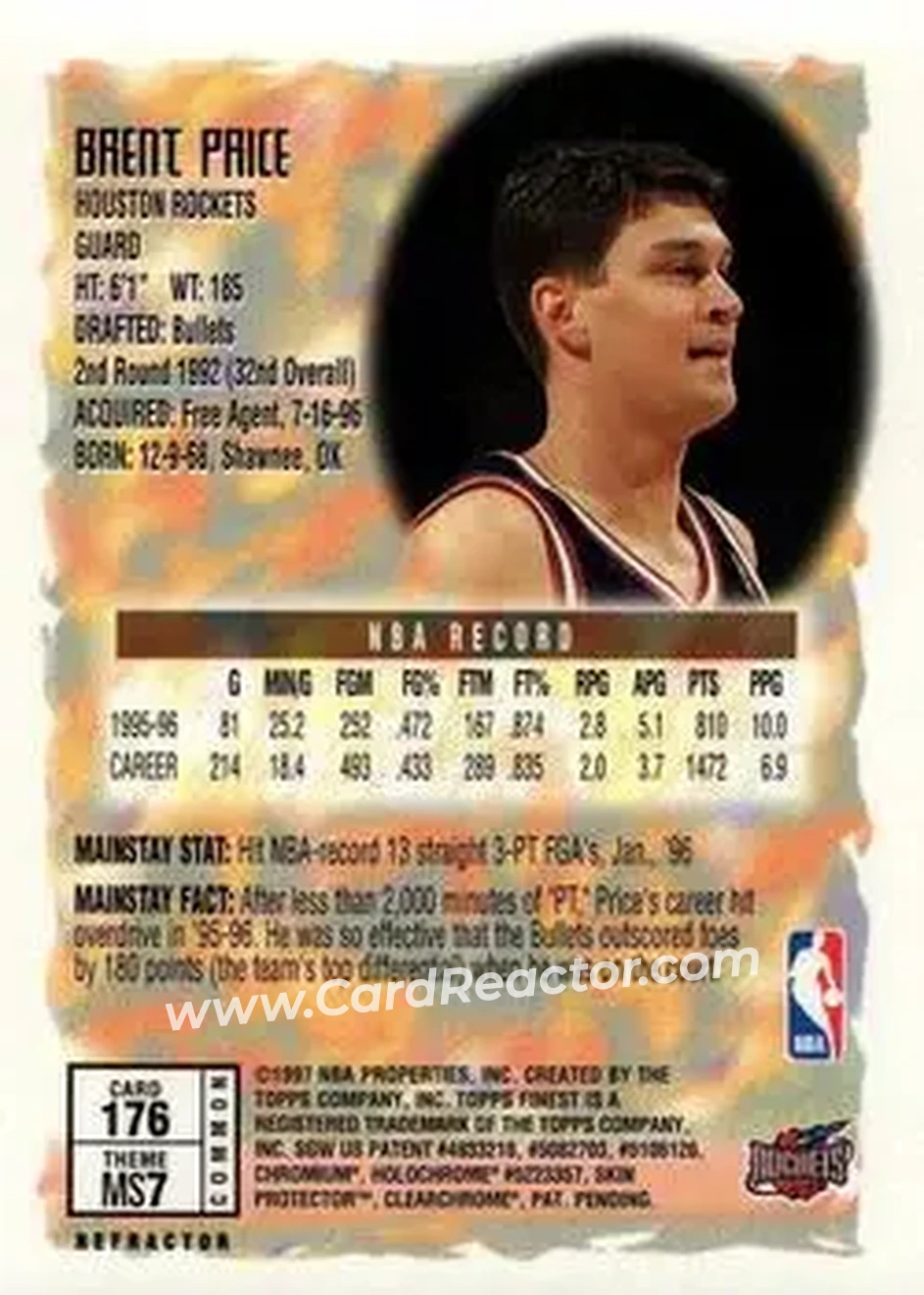 1996-97 Finest - Refractors #176 - Brent Price - Houston Rockets