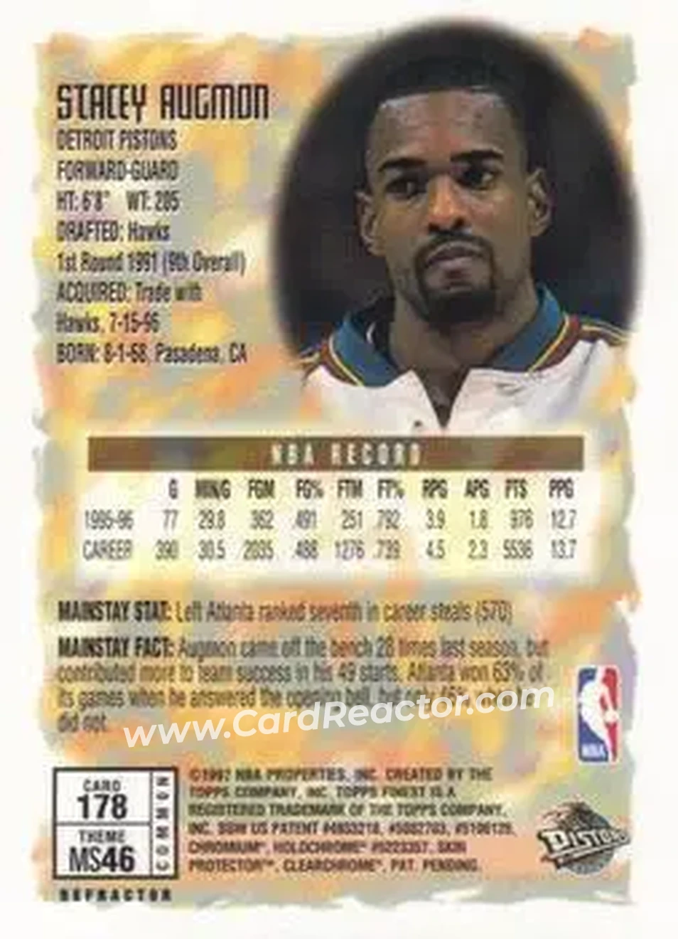 1996-97 Finest - Refractors #178 - Stacey Augmon - Detroit Pistons