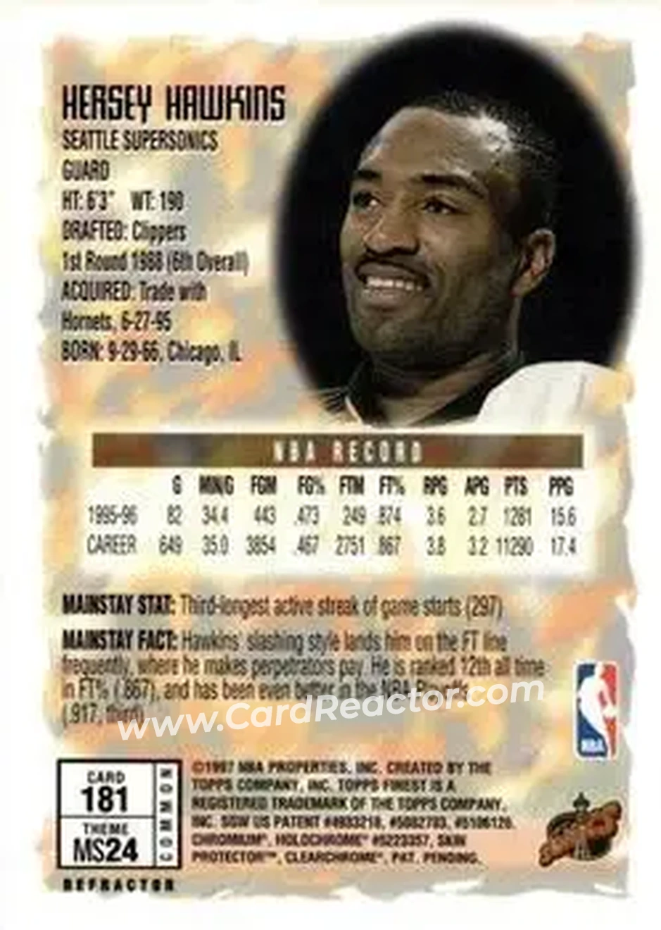 1996-97 Finest - Refractors #181 - Hersey Hawkins - Seattle SuperSonics