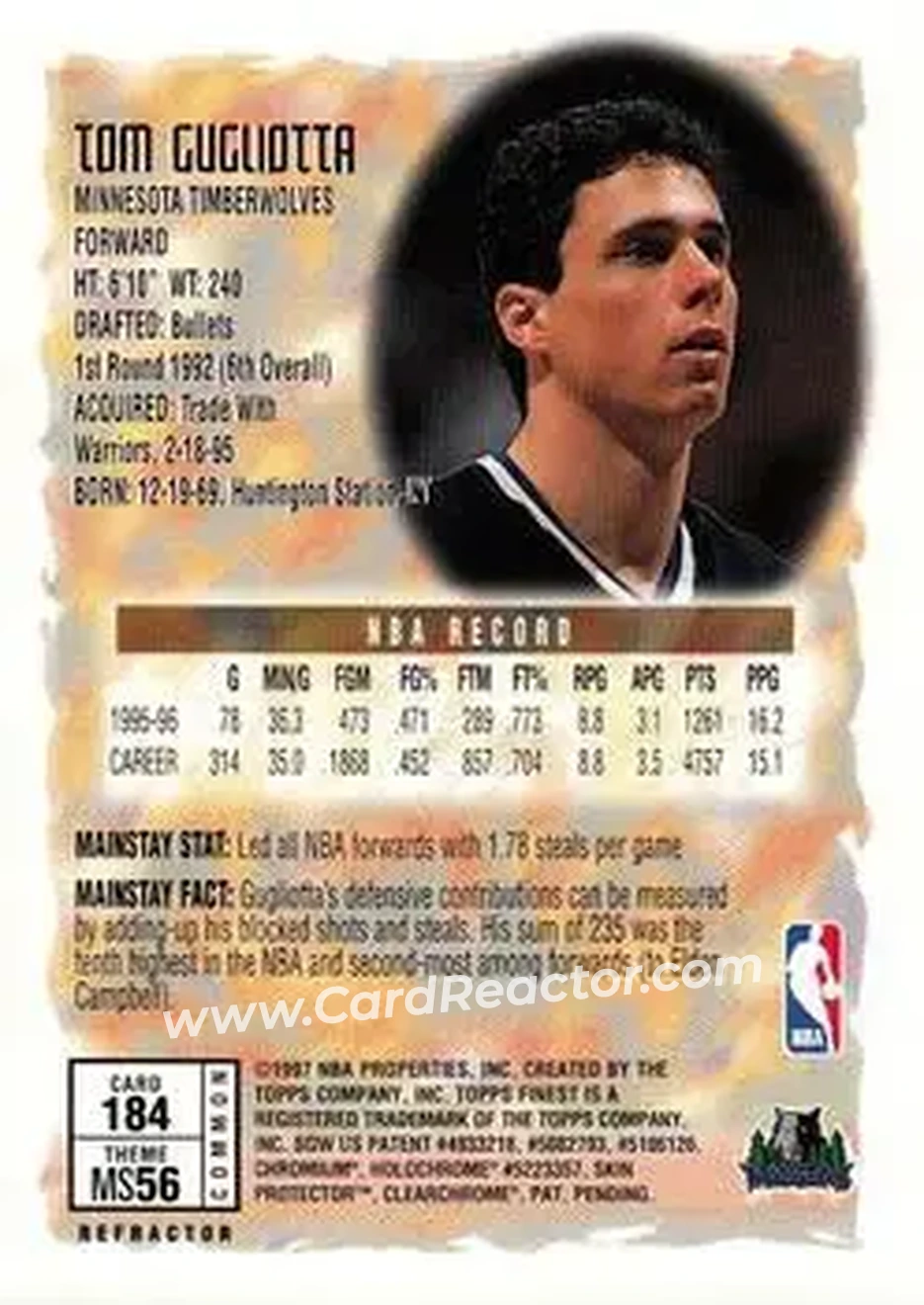 1996-97 Finest - Refractors #184 - Tom Gugliotta - Minnesota Timberwolves 1996-97 Finest - Refractors #184 - Tom Gugliotta - Minnesota Timberwolves