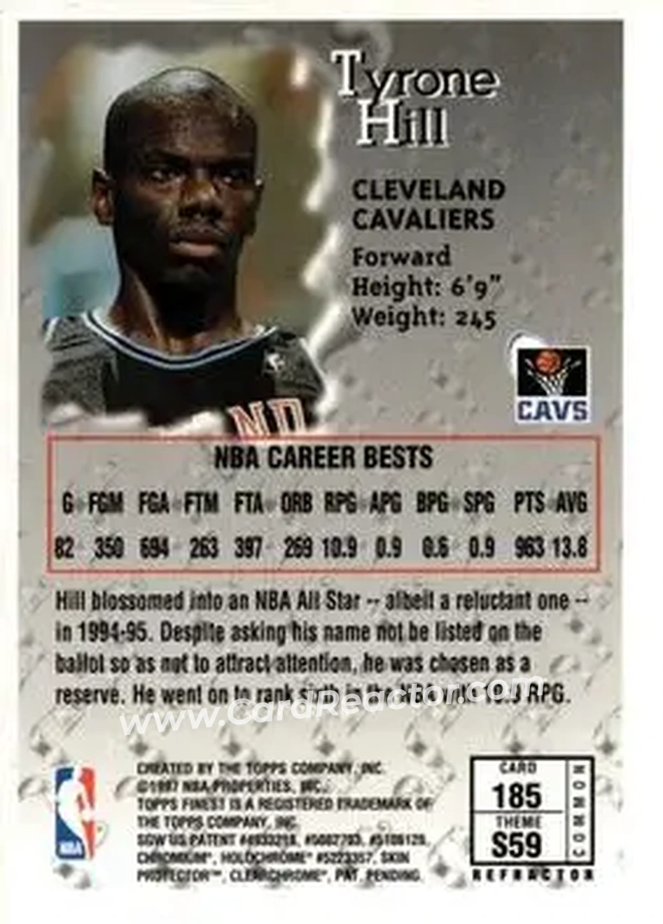 1996-97 Finest - Refractors #185 - Tyrone Hill - Cleveland Cavaliers