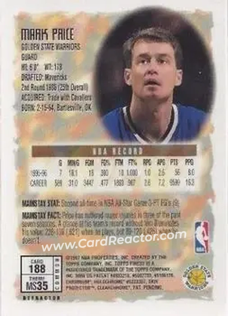 1996-97 Finest - Refractors #188 - Mark Price - Golden State Warriors 1996-97 Finest - Refractors #188 - Mark Price - Golden State Warriors
