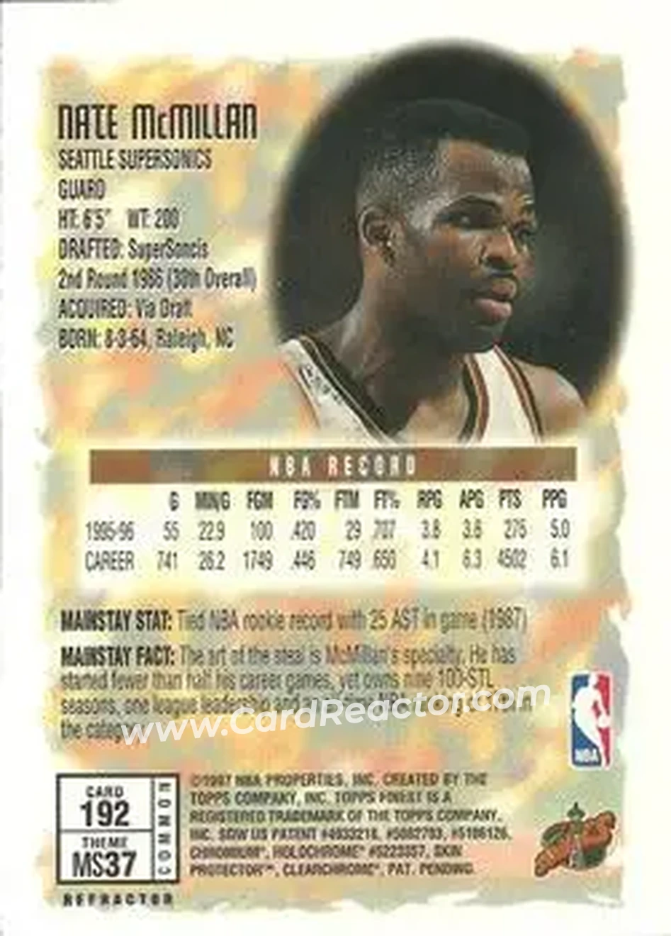 1996-97 Finest - Refractors #192 - Nate McMillan - Seattle SuperSonics 1996-97 Finest - Refractors #192 - Nate McMillan - Seattle SuperSonics
